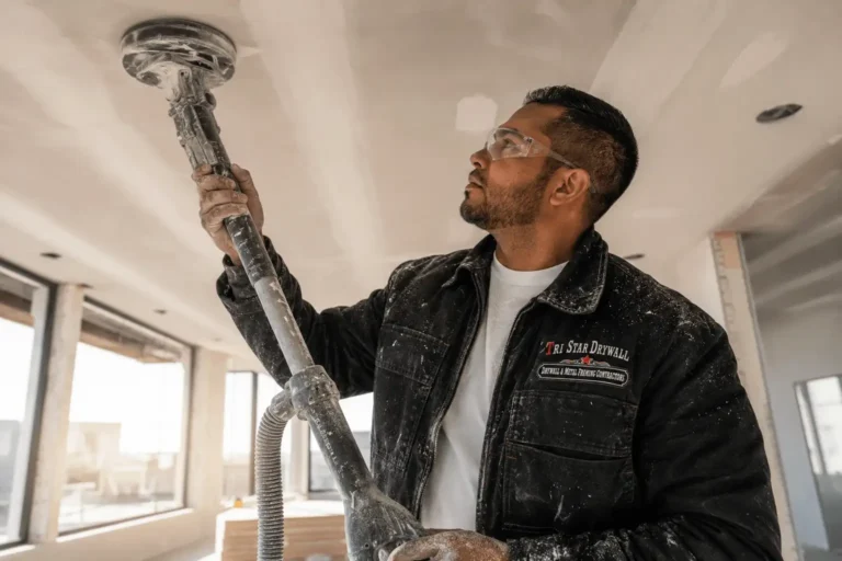 Professional drywall taper and finisher sanding a ceiling joint to a smooth finish