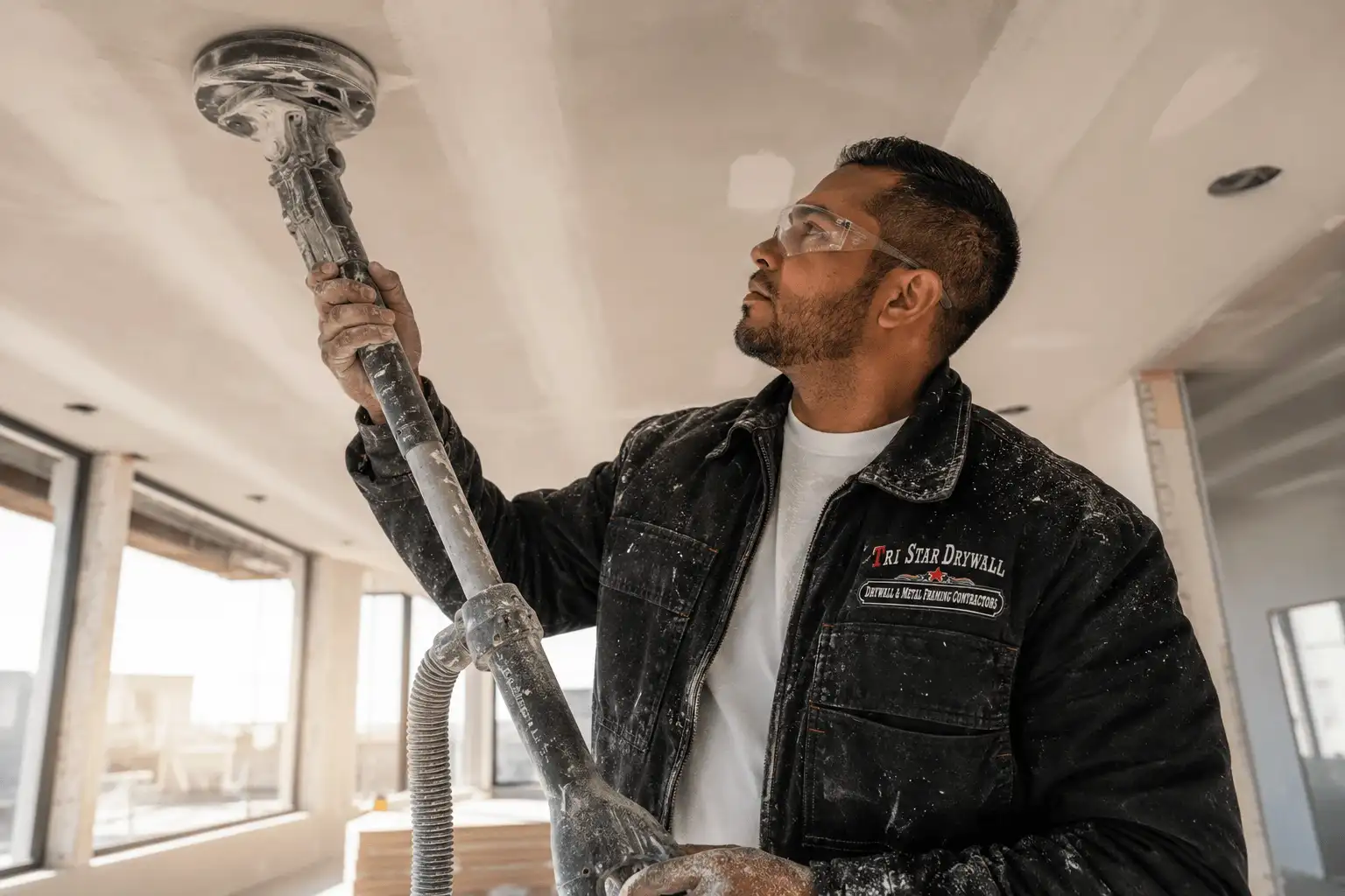 Professional drywall taper and finisher sanding a ceiling joint to a smooth finish