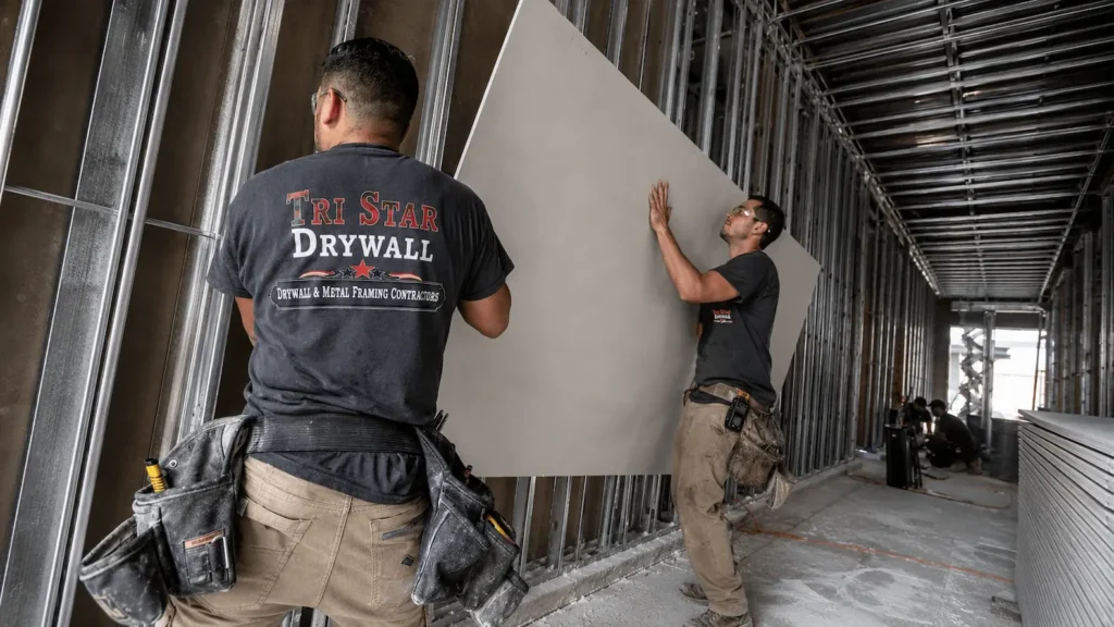 Crew hanging drywall board on a commercial job site in Quincy, Massachusetts