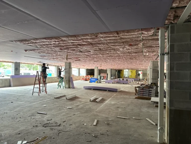 Hanging moisture-resistant drywall on the garage ceiling at 21 Totman Street, Quincy